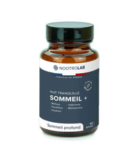 Flacon de gélules Nuit Tranquille Sommeil+ de Nootrolab, cure de mélatonine et plantes apaisantes pour un sommeil profond.