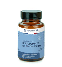 Flacon de Bisglycinate de Magnésium Nootrolab 60 gélules, formule apaisante avec vitamine B6 pour réduire stress et fatigue nerveuse.