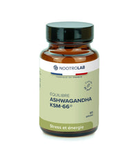 Complément alimentaire Ashwagandha KSM-66 de Nootrolab en flacon de 60 gélules, pour réduire le stress et favoriser l’équilibre émotionnel.