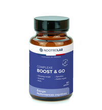 Complément alimentaire Complexe Boost & Go en gélules par Nootrolab, enrichi en ginseng rouge, vitamine C, kola et spiruline. Idéal pour énergie naturelle et performances cognitives.