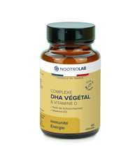 Complément DHA Végétal & Vitamine D Nootrolab en flacon de 60 capsules, à base d'huile de Schizochytrium pour cerveau, os et vision.