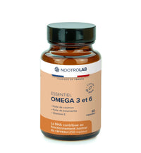 Flacon de compléments alimentaires Essentiel Omega 3 et 6 de Nootrolab, 60 capsules, bienfaits cardiovasculaires, peau, cerveau, articulations.