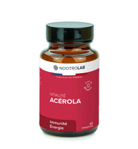 Flacon de complément alimentaire Acérola naturelle Nootrolab, 60 comprimés, riche en vitamine C pour l’immunité et la réduction de la fatigue.
