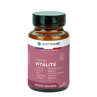 Flacon de gélules Libiboost XXL pour la vitalité sexuelle, formule française à base de ginseng, maca, zinc et spiruline.