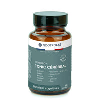 Flacon de gélules Cérebro + Tonic Cérébral de Nootrolab pour cure mémoire et concentration, enrichi en plantes et vitamines.