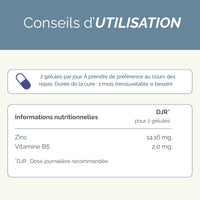 Conseils d'utilisation du complément Équilibre Zinc B6 : 2 gélules par jour, cure de 1 mois, avec informations nutritionnelles détaillées.