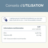 Conseils d'utilisation du complément Équilibre Zinc B6 : 2 gélules par jour, cure de 1 mois, avec informations nutritionnelles détaillées.