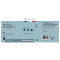 Étiquette complète du flacon Équilibre Zinc B6 avec composition, posologie, précautions et informations légales pour une cure bien-être.