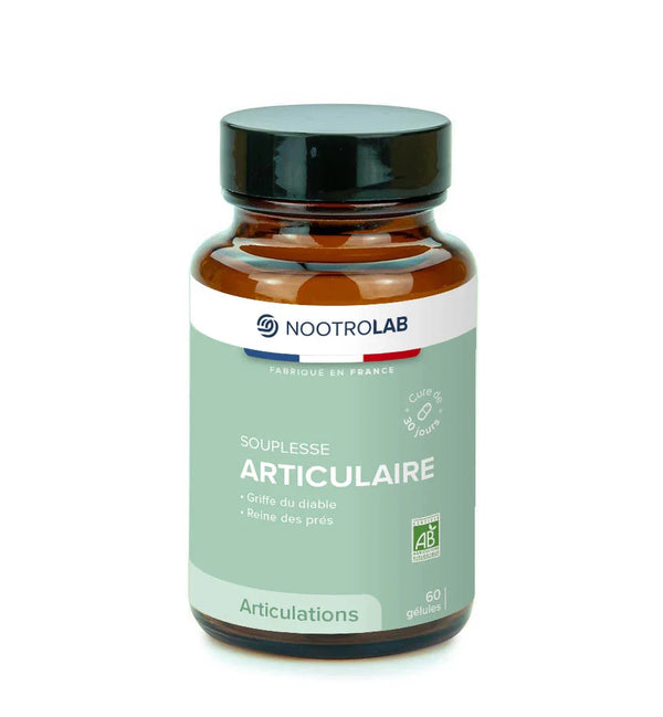Flacon de gélules Souplesse Articulaire Naturelle Nootrolab, cure articulation bio à base de griffe du diable et reine des prés. Idéal pour soulager les douleurs articulaires.