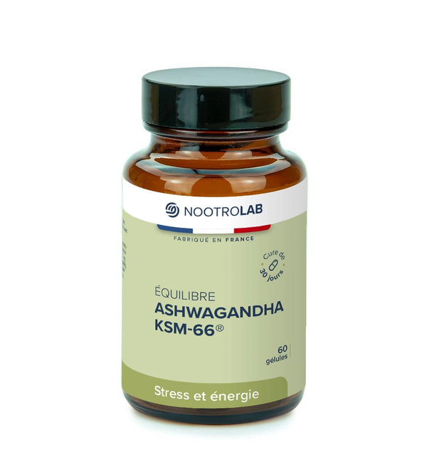 Complément alimentaire Ashwagandha KSM-66 de Nootrolab en flacon de 60 gélules, pour réduire le stress et favoriser l’équilibre émotionnel.