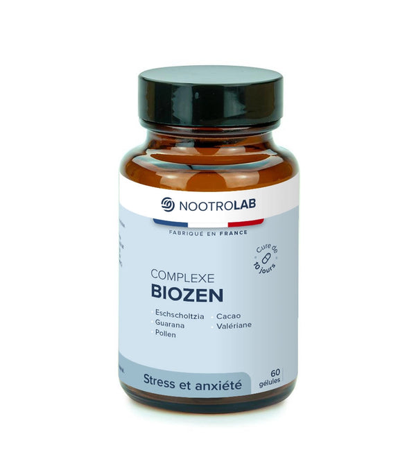 Flacon de Complexe Biozen I Relaxant naturelle à base de plantes, 60 gélules anti-stress à base d’eschscholtzia, guarana et valériane.