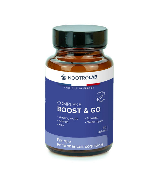 Complément alimentaire Complexe Boost & Go en gélules par Nootrolab, enrichi en ginseng rouge, vitamine C, kola et spiruline. Idéal pour énergie naturelle et performances cognitives.