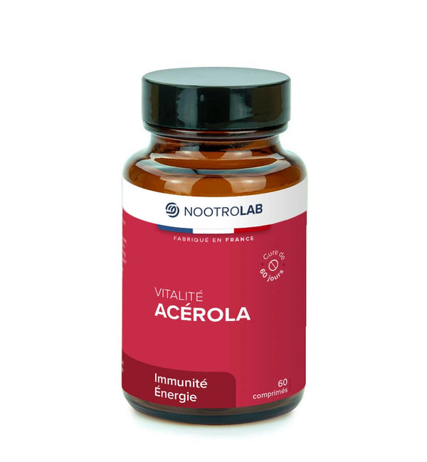 Flacon de complément alimentaire Acérola naturelle Nootrolab, 60 comprimés, riche en vitamine C pour l’immunité et la réduction de la fatigue.