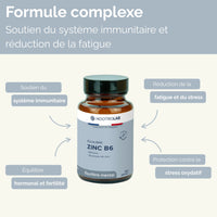 Complément Équilibre Zinc B6 avec bienfaits illustrés : immunité, stress, fatigue, fertilité et stress oxydatif, idéal pour cure bien-être.