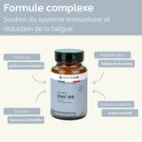Complément Équilibre Zinc B6 avec bienfaits illustrés : immunité, stress, fatigue, fertilité et stress oxydatif, idéal pour cure bien-être.