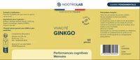 Étiquette du flacon Ginkgo Vivacité - Ginkgo Biloba Bio de Nootrolab, indiquant les ingrédients, posologie et bienfaits pour la mémoire et la concentration.