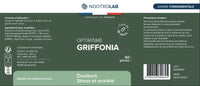 Étiquette du complément Griffonia 5-HTP Nootrolab, indiquant les ingrédients, posologie et bienfaits contre stress et anxiété.