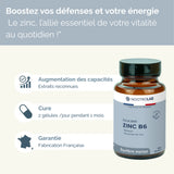 Mise en avant des avantages du produit Équilibre Zinc B6 - Cure Zinc B6 | Immunité, Énergie, Stress : efficacité, fabrication française, vitalité.