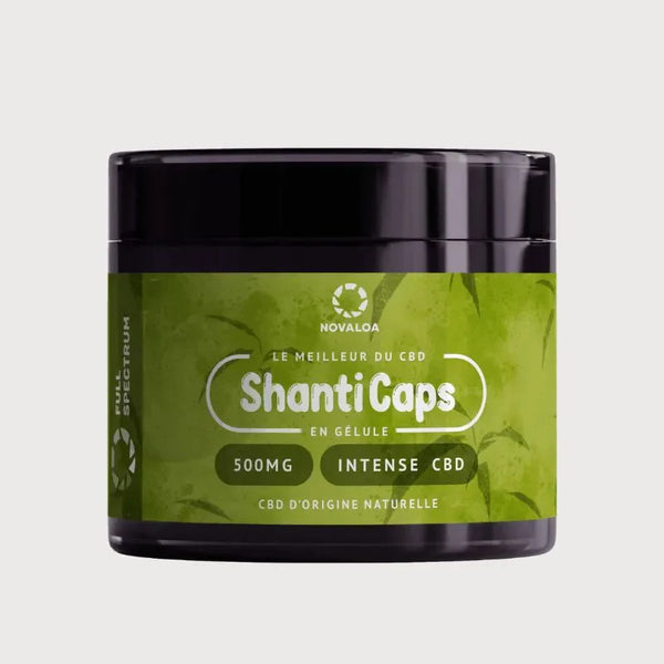 Pot de 30 gélules CBD SHANTI CAPS de NOVALOA 500 mg, complément alimentaire full spectrum pour bien-être quotidien, formule intense naturelle.