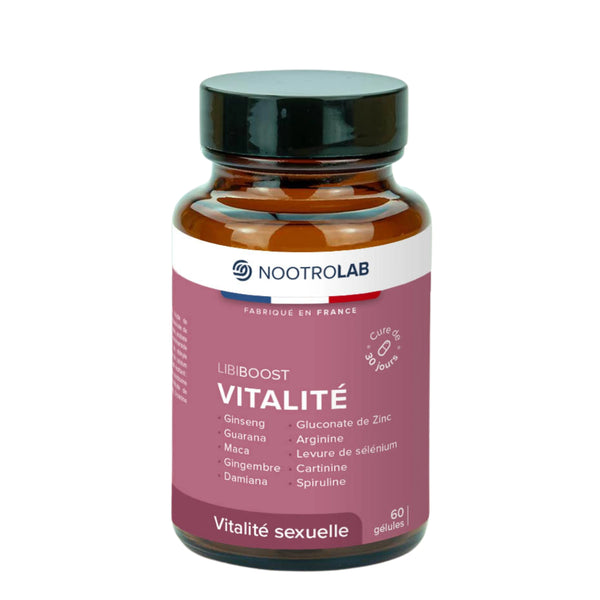 Flacon de gélules Libiboost XXL pour la vitalité sexuelle, formule française à base de ginseng, maca, zinc et spiruline.